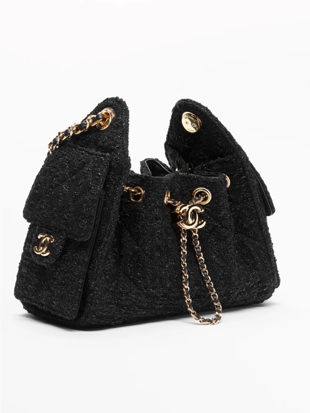 CHANEL 26 Black Tweed Drawstring Shoulder Bag with Gold Chain and CC Charm